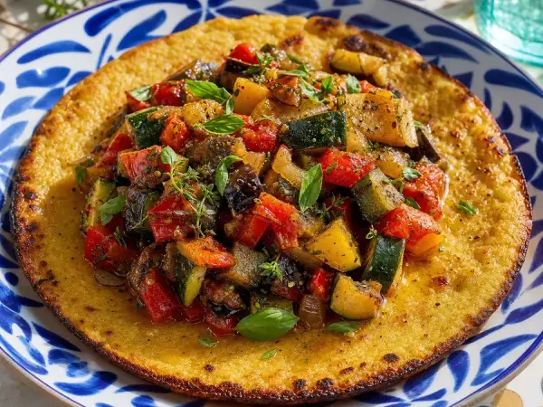 French Socca with Ratatouille Relish, finished dish