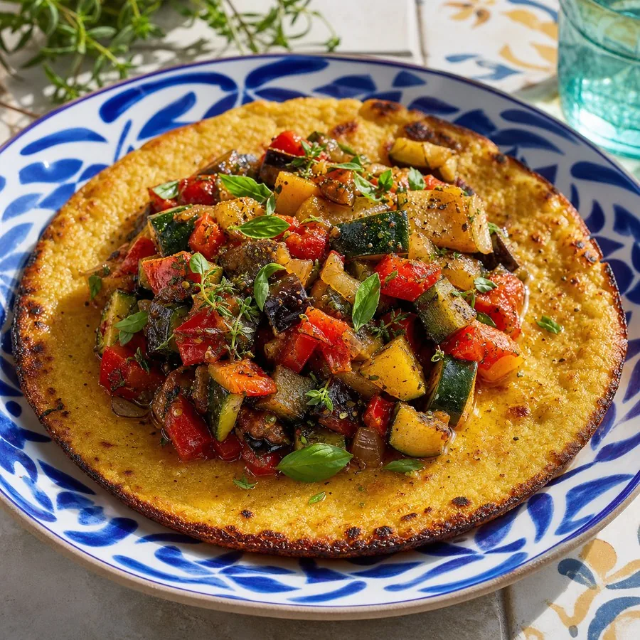 French Socca with Ratatouille Relish, finished dish
