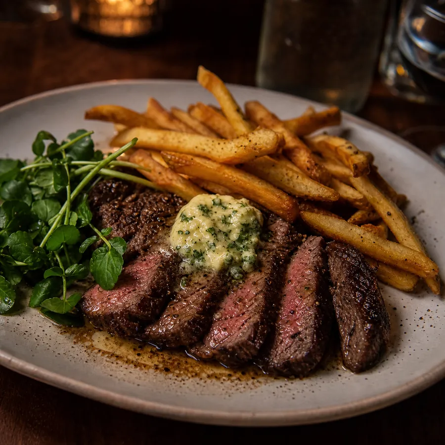 Sliced steak frites with herb shallot butter