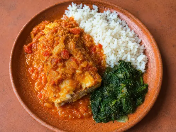 Gabonese Fish in Tomato Peanut Sauce with rice and greens