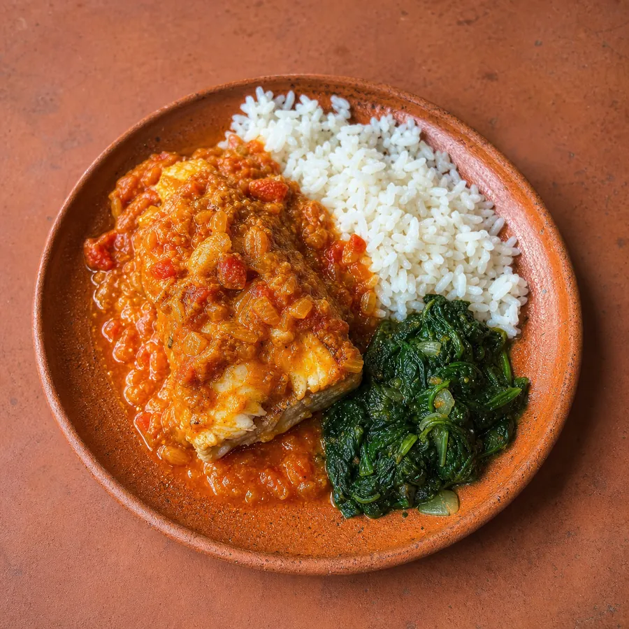 Gabonese Fish in Tomato Peanut Sauce with rice and greens