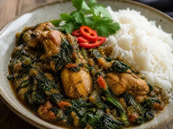 Gabonese Nyembwe Chicken with Spinach, plated as a finished dinner