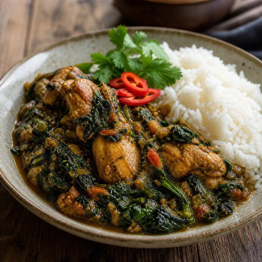 Gabonese Nyembwe Chicken with Spinach, plated as a finished dinner