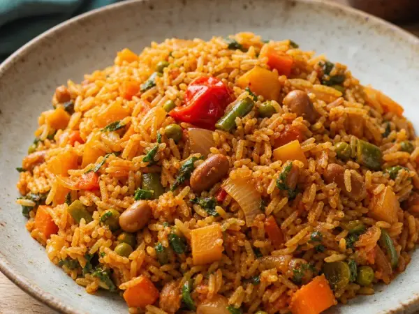 Gambian Benechin Vegetable Rice, plated as a finished dinner