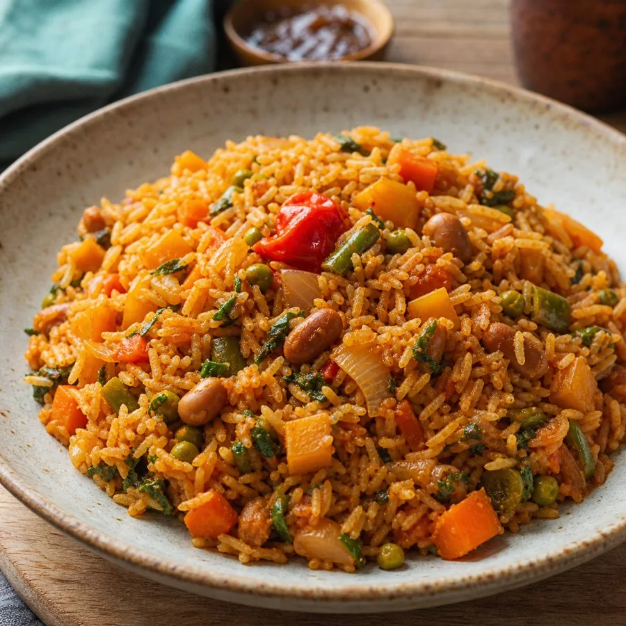 Gambian Benechin Vegetable Rice, plated as a finished dinner