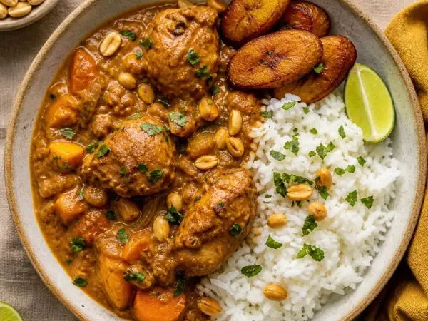 Gambian Domoda Peanut Chicken, plated as a finished dinner