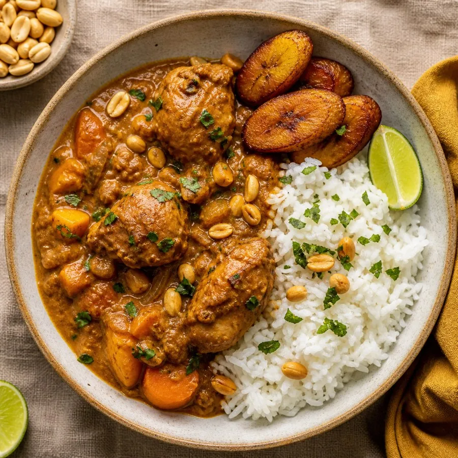 Gambian Domoda Peanut Chicken, plated as a finished dinner