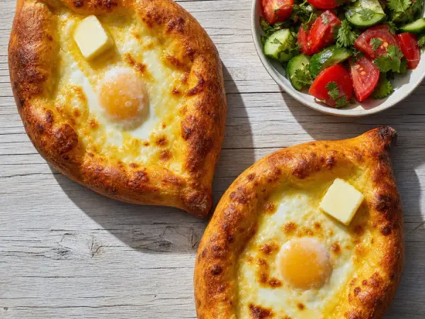 Georgian cheese bread with baked egg and tomato salad