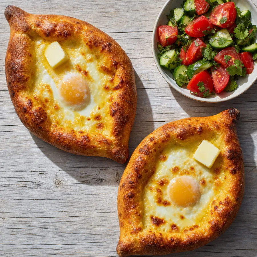 Georgian cheese bread with baked egg and tomato salad