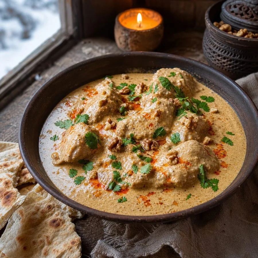 Georgian Chicken Satsivi with Walnut Sauce, finished dish