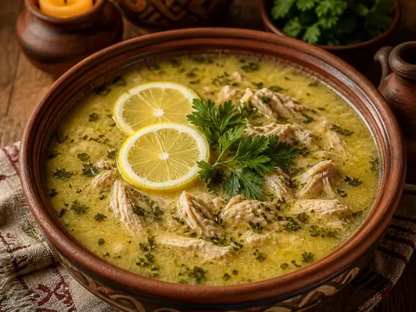 Georgian Chikhirtma Lemon Chicken Soup, plated and ready to serve