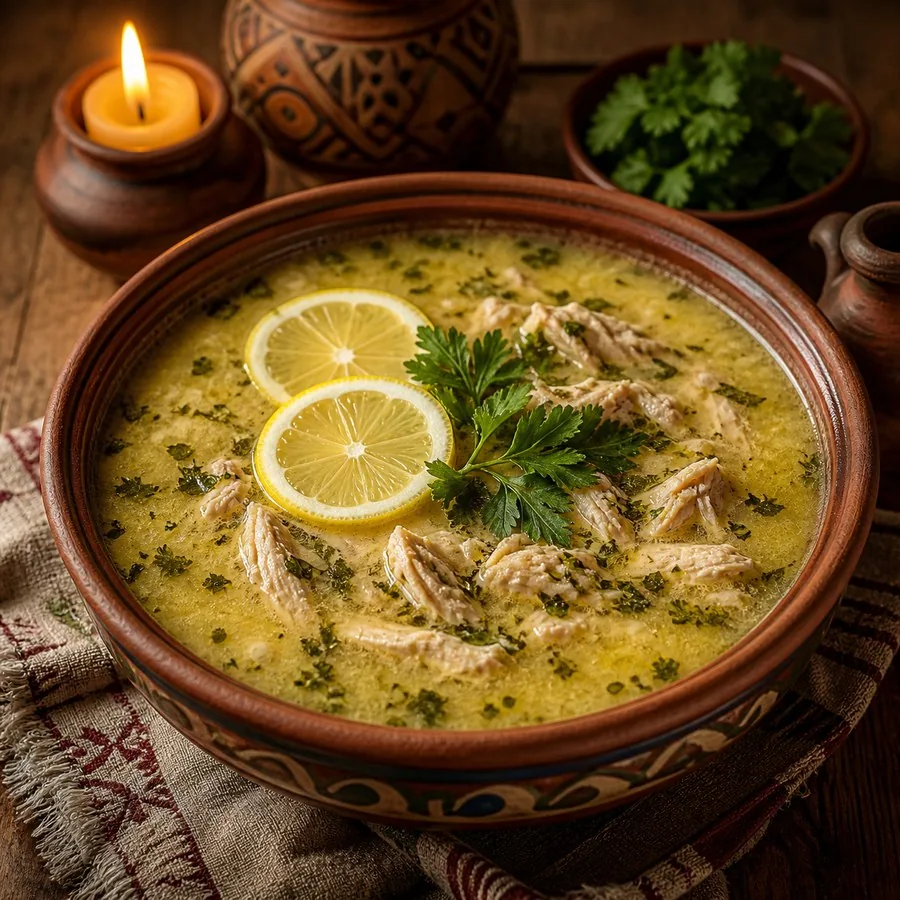 Georgian Chikhirtma Lemon Chicken Soup, plated and ready to serve