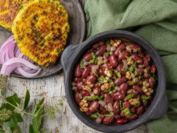 Georgian Lobio Beans with Herbed Corn Cakes, finished dish