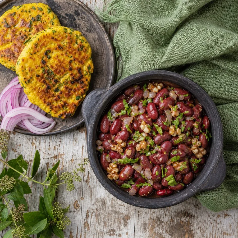 Georgian Lobio Beans with Herbed Corn Cakes, finished dish