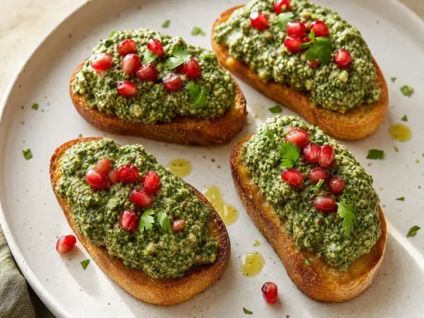 Georgian Pkhali Spinach Walnut Toasts, finished dish