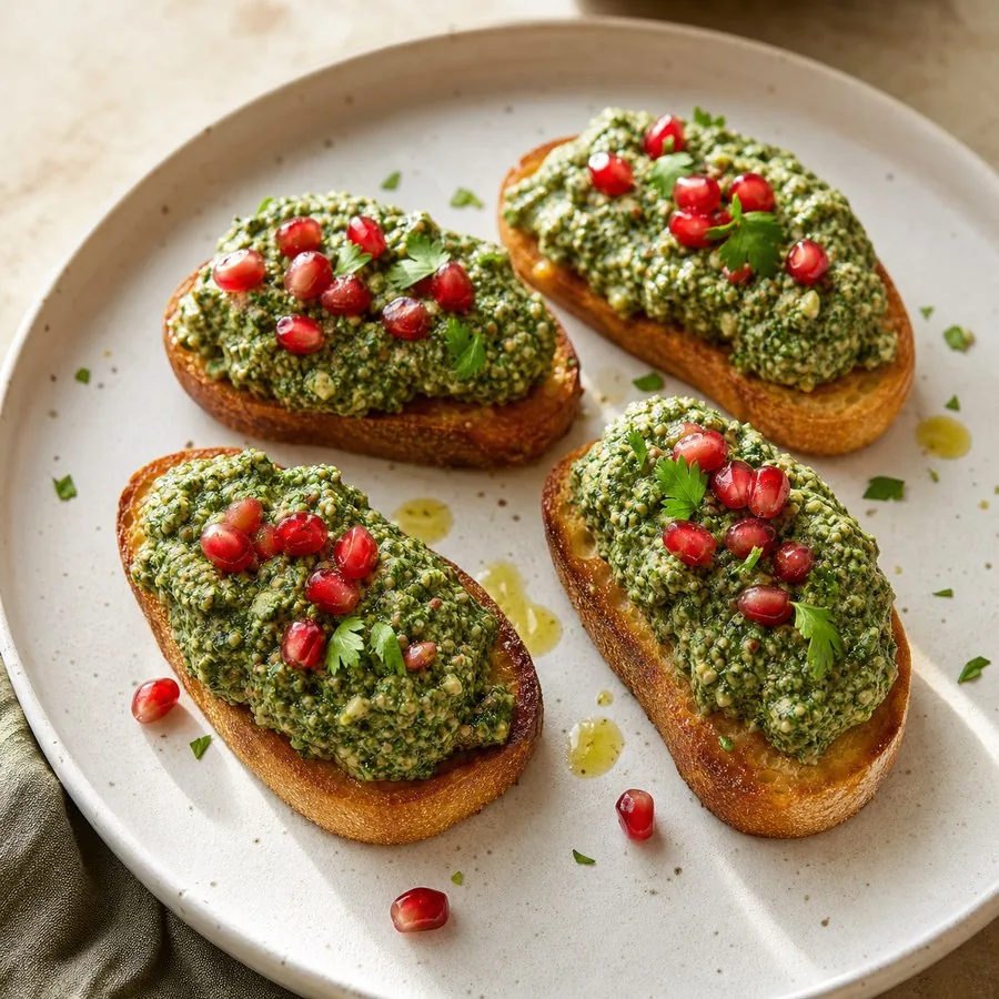 Georgian Pkhali Spinach Walnut Toasts, finished dish