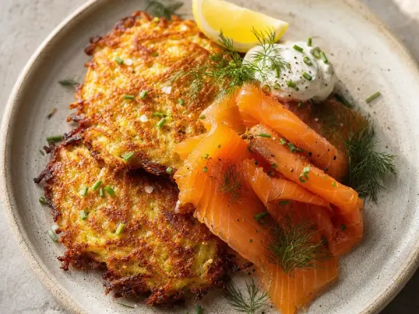 German Kartoffelpuffer with Smoked Trout, finished dish
