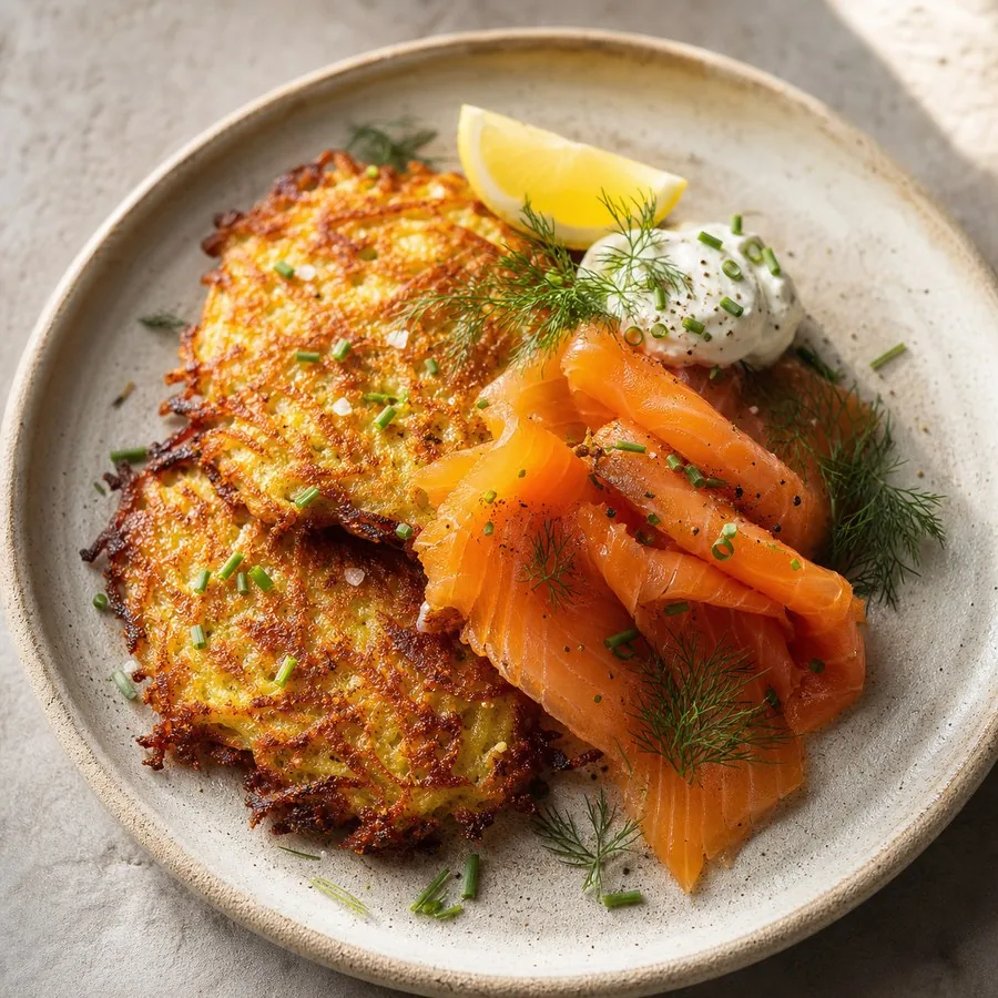 German Kartoffelpuffer with Smoked Trout, finished dish