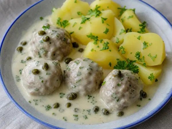 German meatballs in caper cream sauce with potatoes