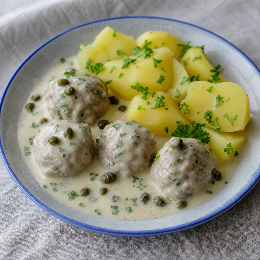 German meatballs in caper cream sauce with potatoes