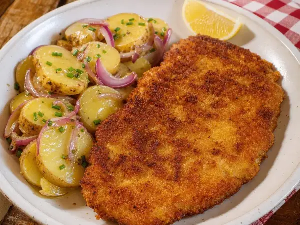 Golden pork schnitzel with warm sliced potato salad, red onion, chives, and lemon