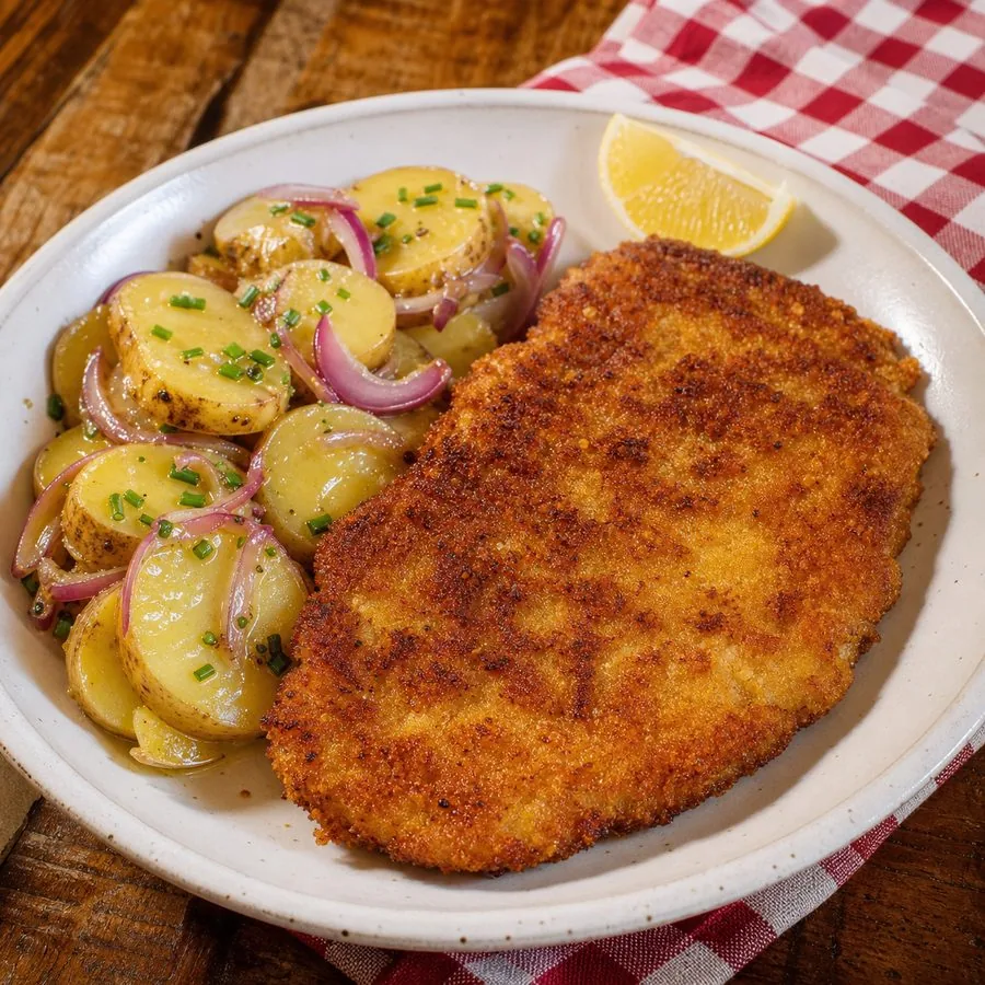 Golden pork schnitzel with warm sliced potato salad, red onion, chives, and lemon