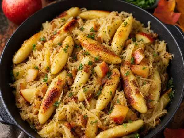 German Schupfnudeln Sauerkraut Apple Skillet, plated and ready to serve