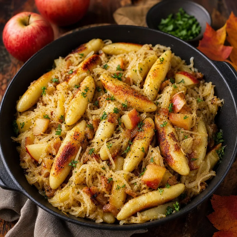 German Schupfnudeln Sauerkraut Apple Skillet, plated and ready to serve