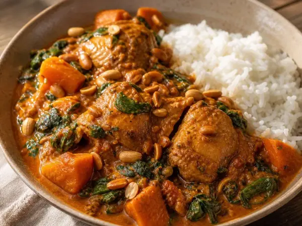Ghanaian Groundnut Chicken Stew with rice