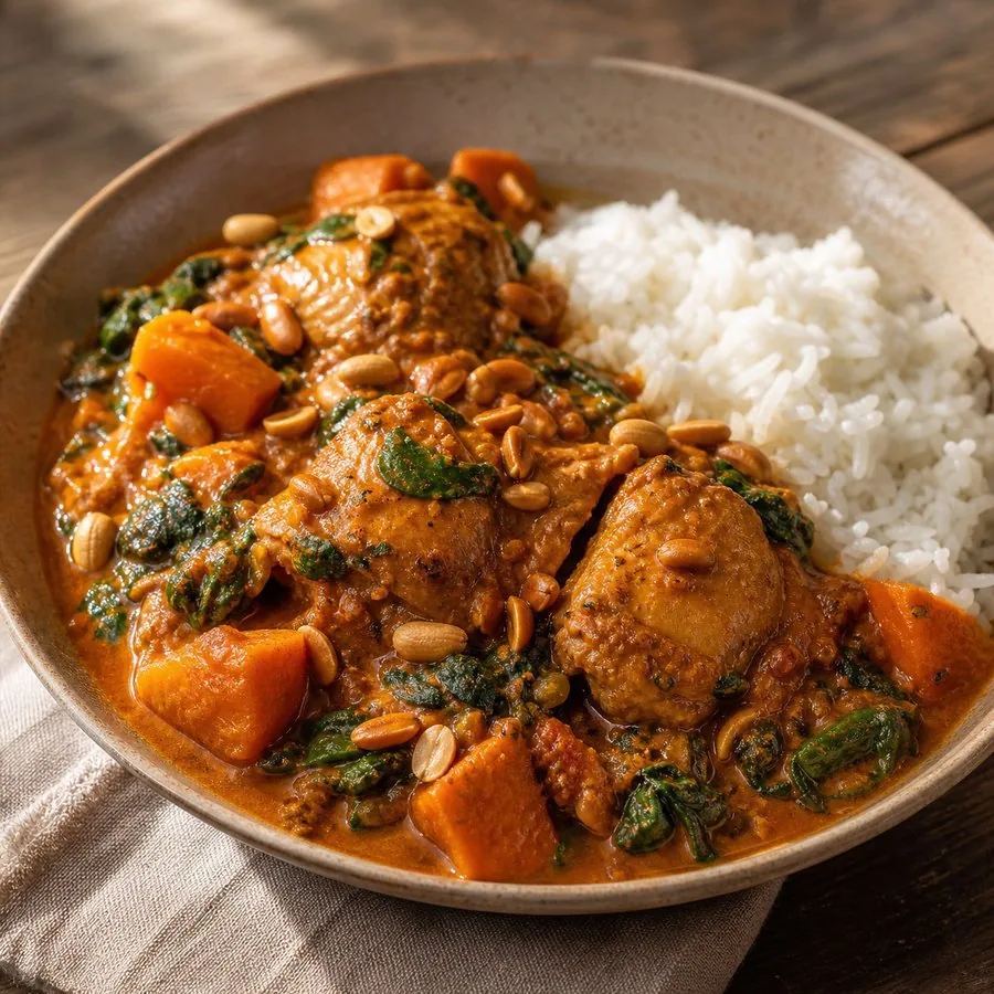 Ghanaian Groundnut Chicken Stew with rice