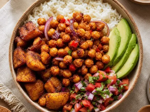 Ghanaian Kelewele Chickpea Bowl, plated as a finished dinner