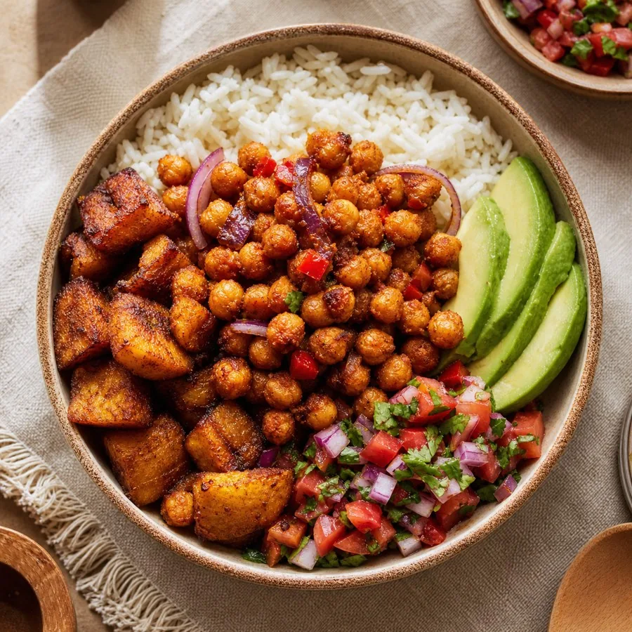Ghanaian Kelewele Chickpea Bowl, plated as a finished dinner