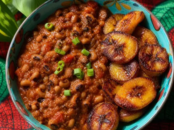 Ghanaian Red Red Bean Stew with Plantains, finished dish
