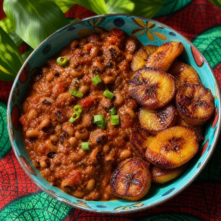 Ghanaian Red Red Bean Stew with Plantains, finished dish