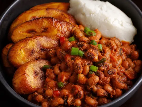 Ghanaian Red Red Plantain and Beans, plated as a finished dinner