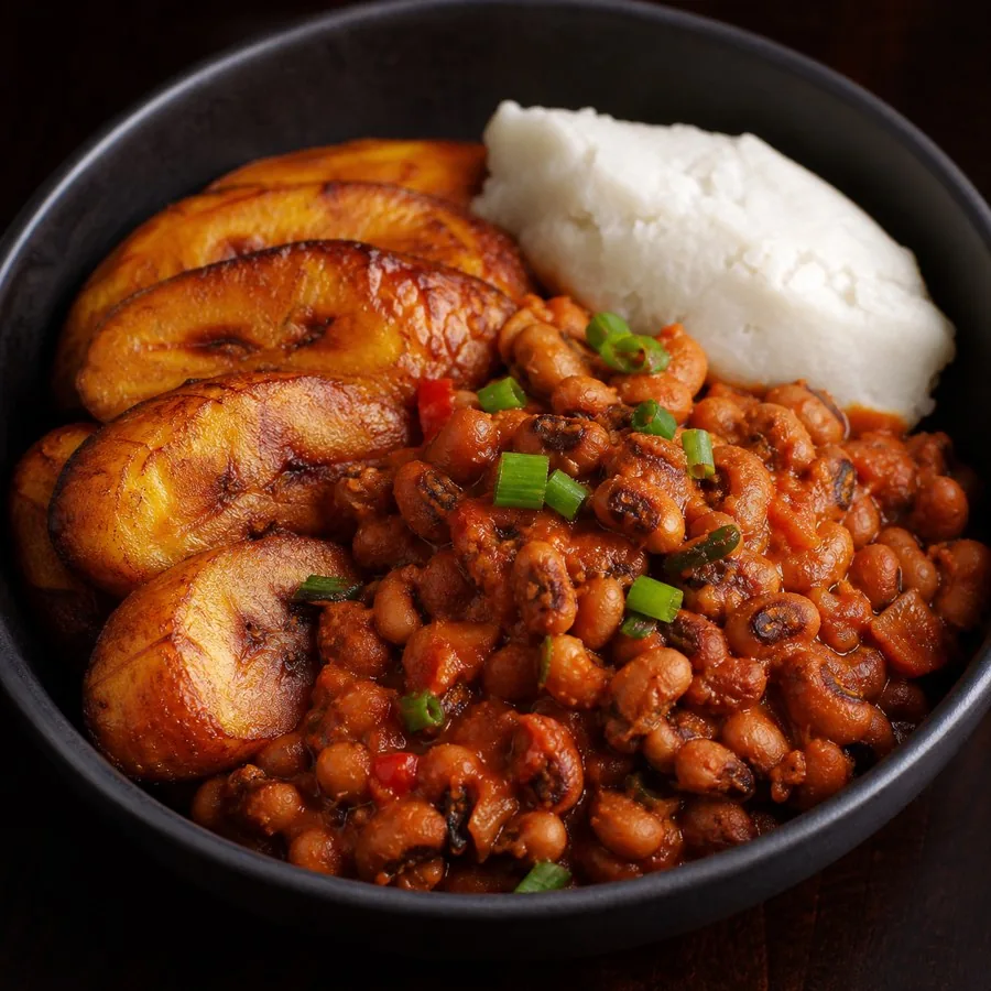 Ghanaian Red Red Plantain and Beans, plated as a finished dinner