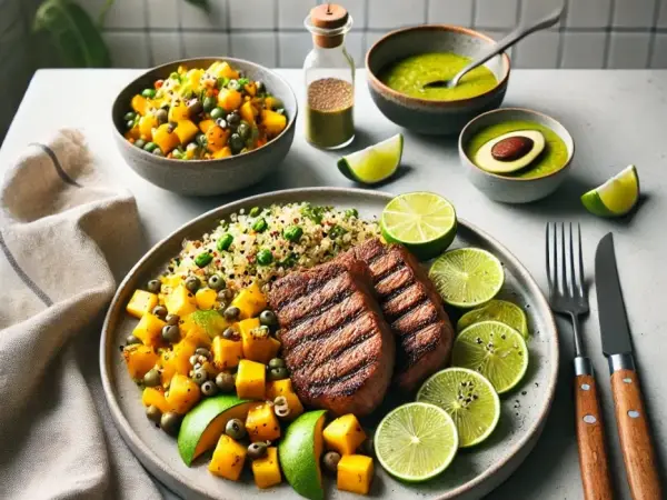 Ginger Lime Steak with Mango Salsa & Quinoa, finished dish