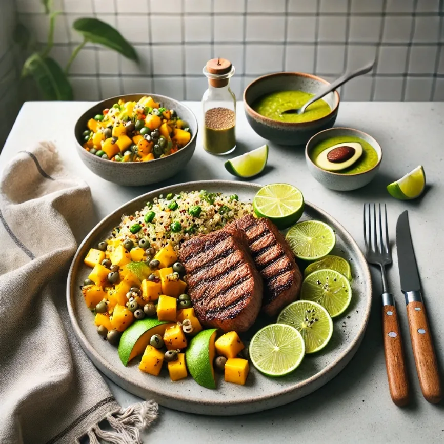 Ginger Lime Steak with Mango Salsa & Quinoa, finished dish