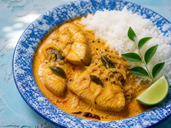 Goan Coconut Fish Curry with Rice, finished dish