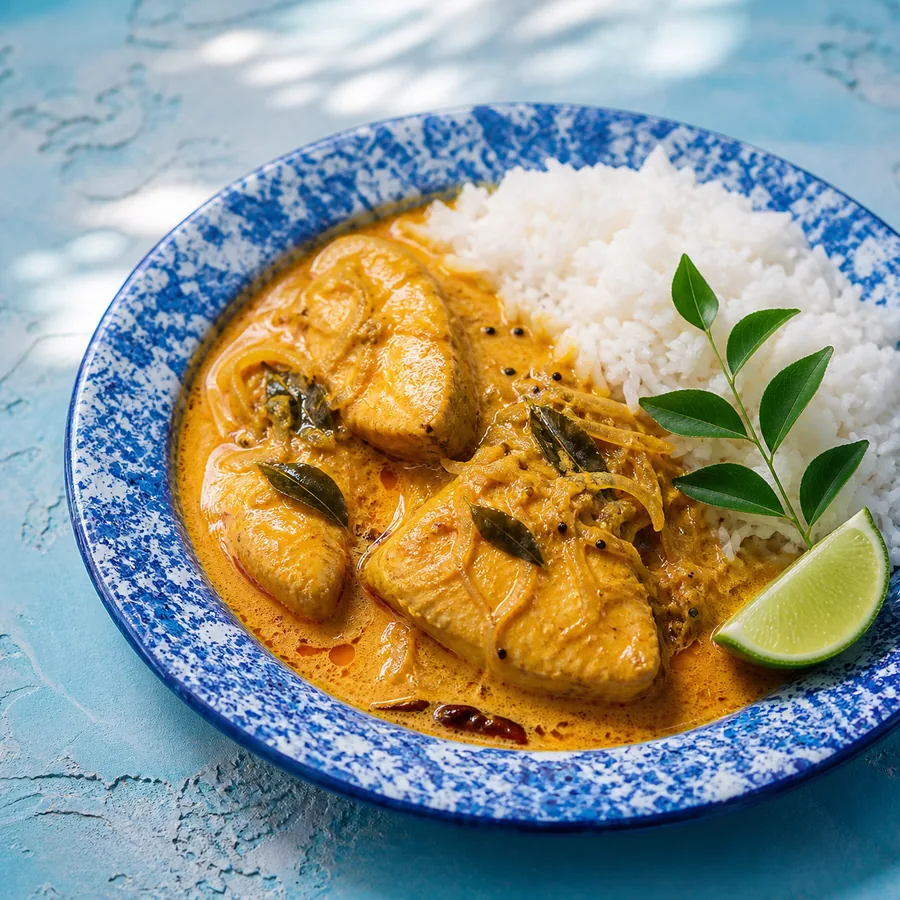 Goan Coconut Fish Curry with Rice, finished dish