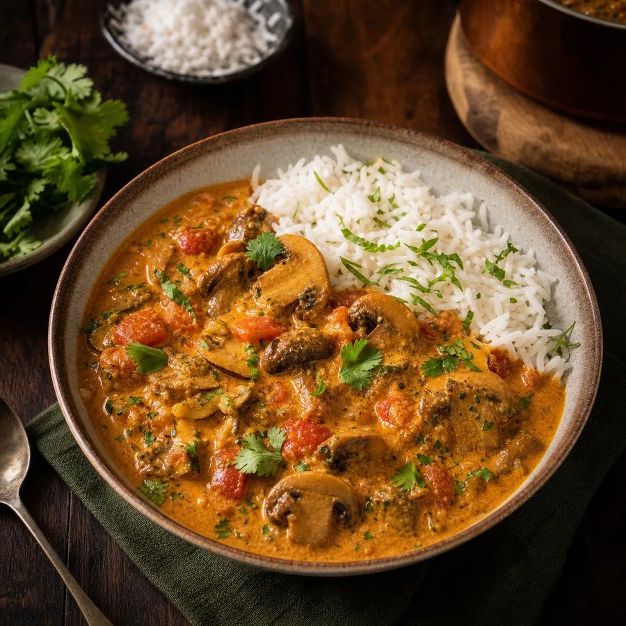 Goan Uddamethi Mushroom Coconut Curry, finished dish