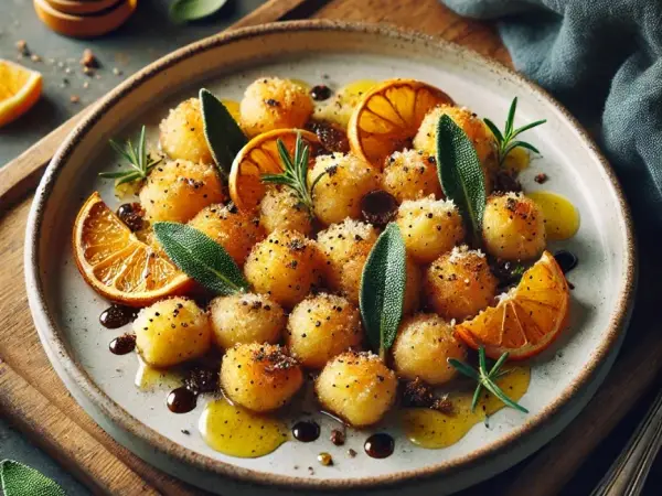 Golden Crispy Gnocchi with Truffle Honey Glaze and Citrus Ricotta, finished dish
