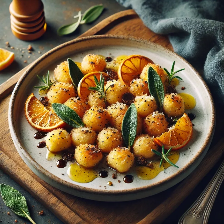 Golden Crispy Gnocchi with Truffle Honey Glaze and Citrus Ricotta, finished dish