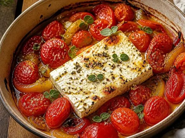 Greek Bouyourdi Baked Feta with Tomatoes, finished dish