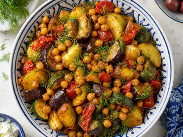 Greek Briam with Crispy Chickpeas, plated and ready to serve