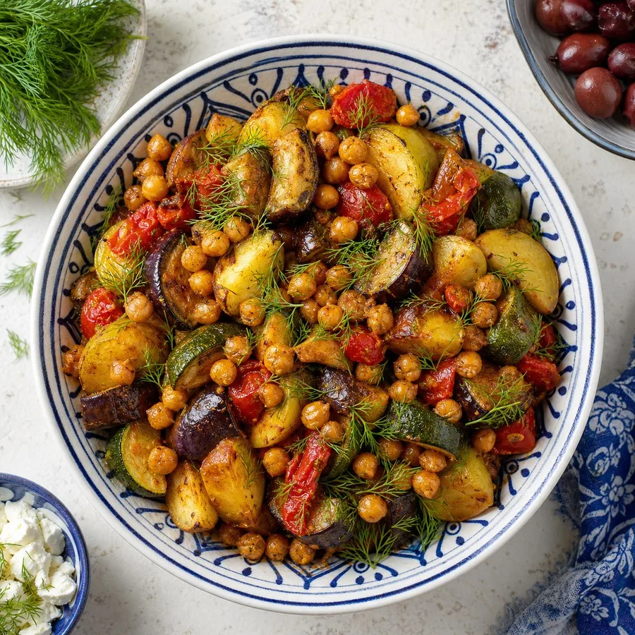 Greek Briam with Crispy Chickpeas, plated and ready to serve