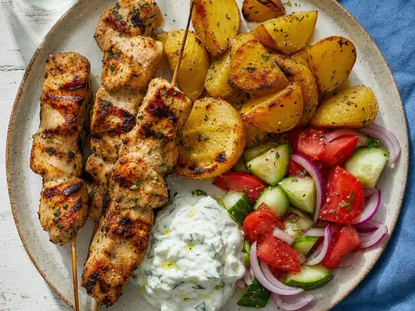 Chicken souvlaki skewers with lemon potatoes and tzatziki