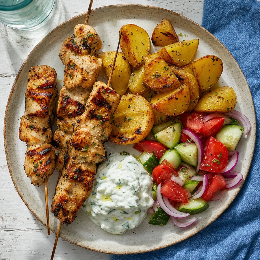 Chicken souvlaki skewers with lemon potatoes and tzatziki