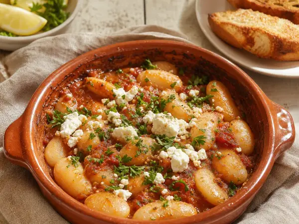 Greek giant beans baked in tomato sauce with feta