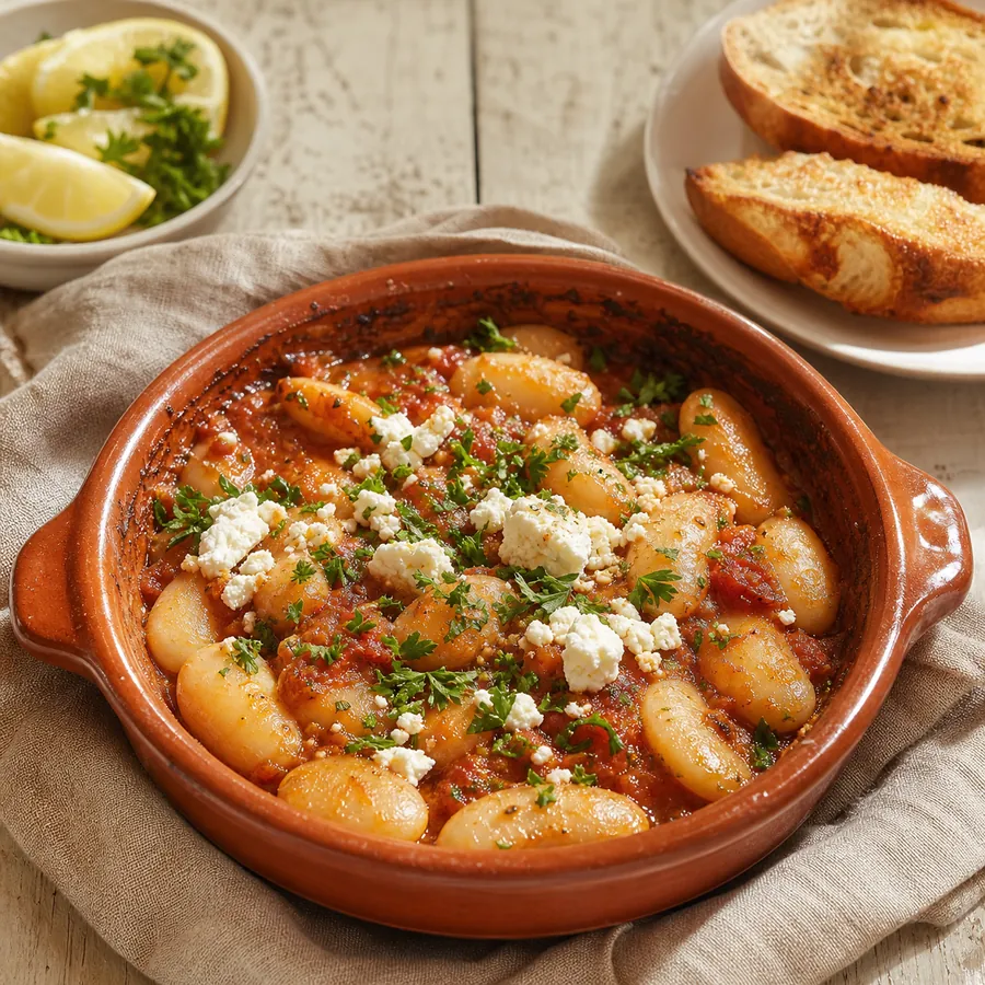 Greek giant beans baked in tomato sauce with feta